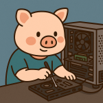 パソコンをカスタマイズしている、メガネをかけたブタのイラスト。工具を手に真剣な表情をしている。