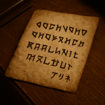 古びた羊皮紙のような紙に、謎めいた文字で何かが書かれている画像。木製の机の上に置かれている。