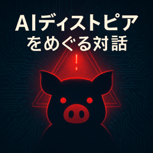 「暗い背景にデジタル回路と赤い警告ランプが浮かび、中央にブタのシルエットが描かれた、AIディストピアを象徴するイラスト」