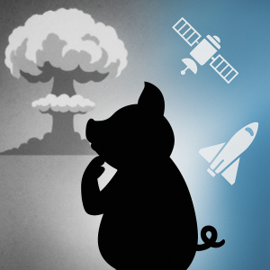 モノクロのキノコ雲と未来的な人工衛星を対比させ、中央で考え込むブタのシルエットを描いた思想的イラスト