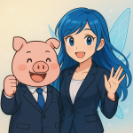 スーツ姿でガッツポーズをするブタのキャラクターと、電子の妖精アリネが並んで微笑んでいるイラスト