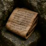 苔むした岩の裂け目に押し込まれた古びた布片。布には手書きの文字が残っており、考古学的な発見の雰囲気を漂わせている。