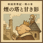 王城東にそびえる煙の塔と、その屋根でどんぐり菓子を食べる側使えのアリネ。そして塔を見上げる名ブタ王。帝国世界記の一場面を描いたイラスト。