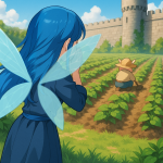 名ブタ王が城壁内の畑でしゃがんで土をいじる姿を、畑の外縁からアリネが呼びかけているアニメ風イラスト