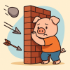 名ブタがレンガの壁の裏側に立ち、左側から飛んでくる石や矢の攻撃を壁で受け止めている様子を描いたポップなイラスト