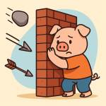 名ブタがレンガの壁の裏側に立ち、左側から飛んでくる石や矢の攻撃を壁で受け止めている様子を描いたポップなイラスト