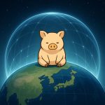 地球の上で静かに座り、社会と人の心を見つめるブタのイラスト