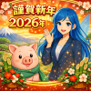 謹賀新年2026年。富士山と初日の出を背景に、主役の豚キャラクター「名ブタ」と電子の妖精アリネが並ぶ正方形の年賀イラスト。門松と花に囲まれた静かな日本の正月風景。