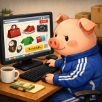 ジャージ姿の豚がデスクトップパソコンの前に座り、通販サイトで買い物をしているイラスト